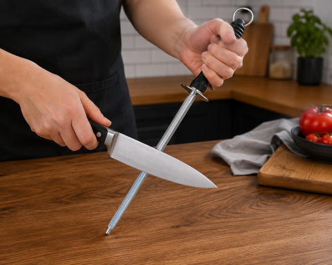 Masat pentru intretinerea cutitelor, negru, 34 cm, tija din otel 23 cm, maner ergonomic cu protectie pentru degete [2]