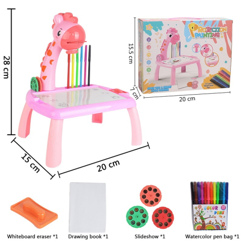 Masuta de desen pentru copii cu proiector Girafa – set creativ cu 3 discuri, 12 markere colorate, caiet si burete, jucarie educativa pentru copii 3+ [10]
