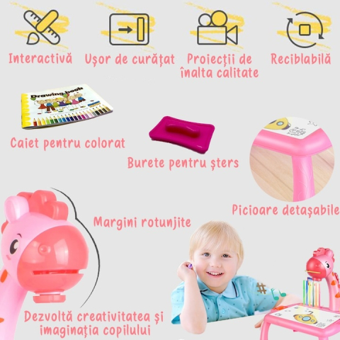Masuta de desen pentru copii cu proiector Girafa – set creativ cu 3 discuri, 12 markere colorate, caiet si burete, jucarie educativa pentru copii 3+ [3]