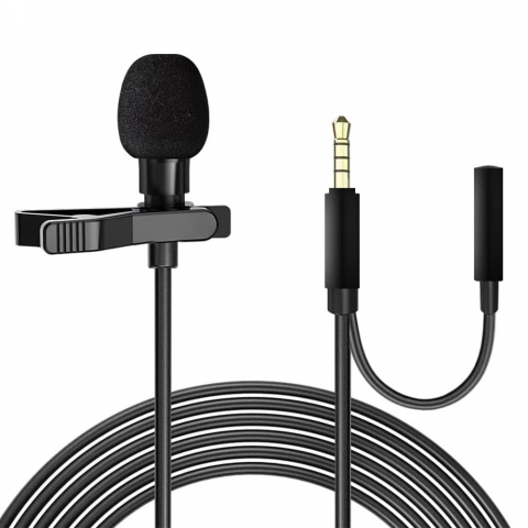 ECHIPAMENTE FOTO - Microfon tip lavaliera, cu fir, 2 x Jack 3.5 mm, lungime cablu 1.5 m, negru
