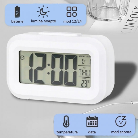Mini ceas digital LED, diverse functii, ora, data, temperatura, alarma, 9x5x2.5 cm - Alb [2]