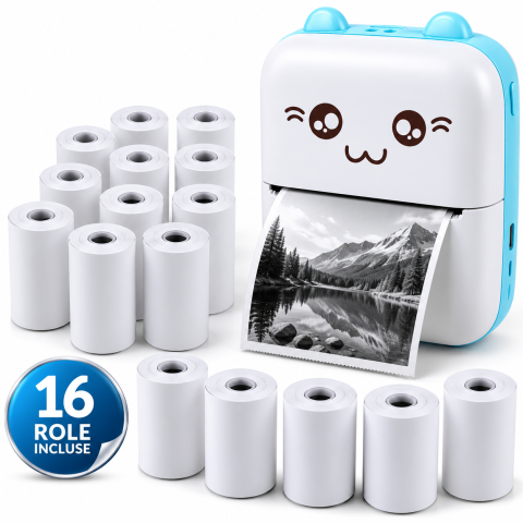 ELECTRONICE - Mini Imprimanta Foto Portabila, USB Type-C, 16 Role Incluse, Compacta si Usor de Transportat, Alb/Albastru, 11 x 7,8 x 3,7 cm