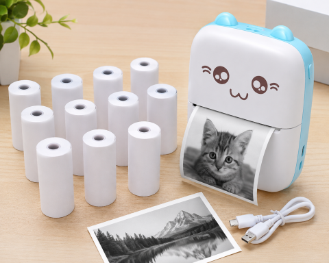 Diverse - Mini imprimanta foto portabila, wireless, USB Type-C, alb/albastru, 11 role incluse, compacta, pentru print instant fotografii