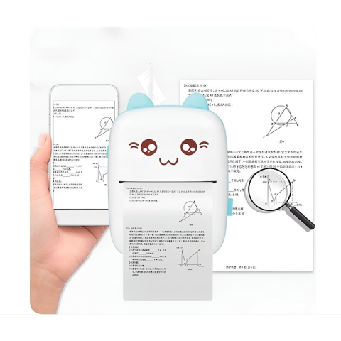 Mini imprimanta termica, portabila, Bluetooth, 11 role incluse, compatibila iOS/Android, incarcare USB-C, design pisica, 11 x 7.8 x 3.7 cm, alb/abastru [13]