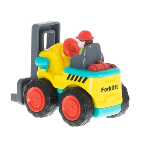 Mini stivuitor pentru copii, galben cu gri antracit, 7 x 5.4 x 4 cm, vehicul de constructie, jucarie cu furci mobile, roti functionale, ambalaj PVC [2]