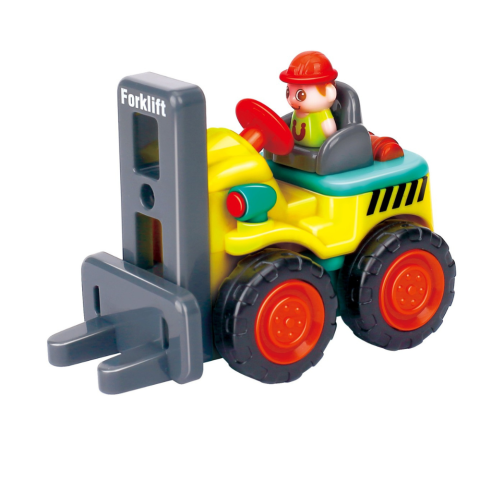 JOCURI ȘI JUCĂRII - Mini stivuitor pentru copii, galben cu gri antracit, 7 x 5.4 x 4 cm, vehicul de constructie, jucarie cu furci mobile, roti functionale, ambalaj PVC