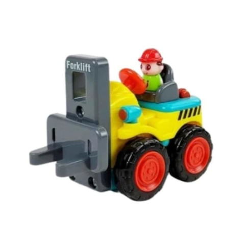 Mini stivuitor pentru copii, galben cu gri antracit, 7 x 5.4 x 4 cm, vehicul de constructie, jucarie cu furci mobile, roti functionale, ambalaj PVC [3]