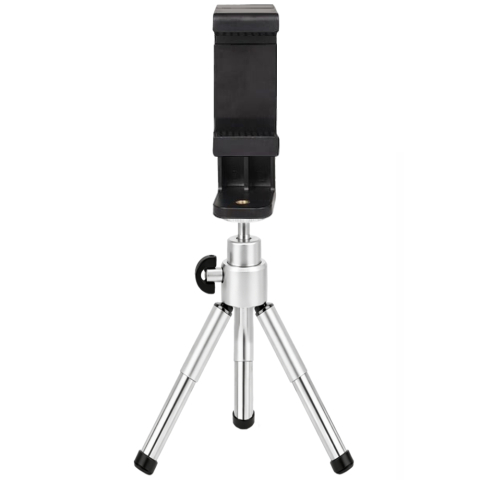 ECHIPAMENTE FOTO - Mini trepied argintiu pentru telefon cu cap de bila rotativ, suport smartphone reglabil 5–8 cm, montura 1/4 inch, aluminiu si ABS, inaltime 12–18 cm