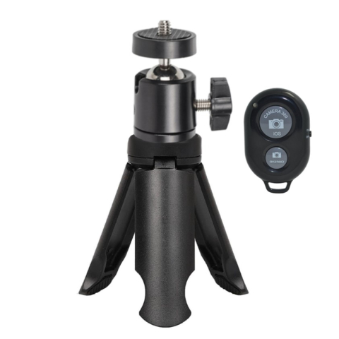 Mini trepiezi - Mini trepied de birou cu cap cu bila rotativ 360°, 8.5 cm inaltime, montura 1/4 inch, ABS si metal, baza antialunecare, telecomanda bluetooth inclusa, pentru telefon, webcam si camera digitala