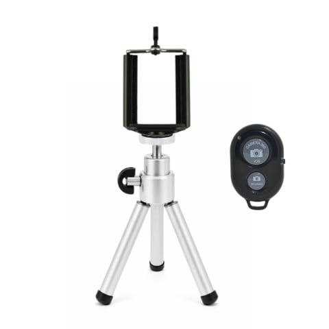 ECHIPAMENTE FOTO - Mini trepied extensibil din aluminiu pentru telefon cu suport cu arc dublu si telecomanda Bluetooth, montura 1/4 inch, 13.5–19.5 cm