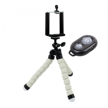 Mini trepiezi - Mini trepied flexibil,filet universal 1/4,suport telefon + telecomanda bluetooth pentru telefon - Alb