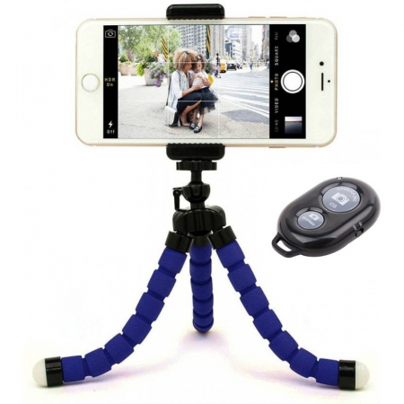 Mini trepied flexibil,filet universal 1/4,suport telefon + telecomanda bluetooth pentru telefon - Albastru [1]