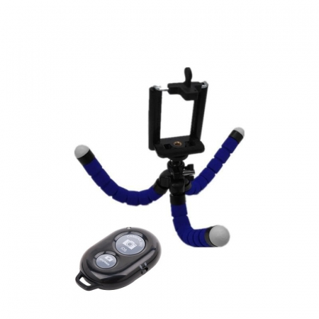 Mini trepied flexibil,filet universal 1/4,suport telefon + telecomanda bluetooth pentru telefon - Albastru [2]