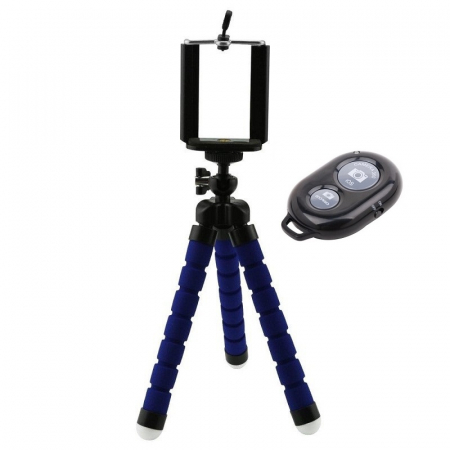 Mini trepiezi - Mini trepied flexibil,filet universal 1/4,suport telefon + telecomanda bluetooth pentru telefon - Albastru