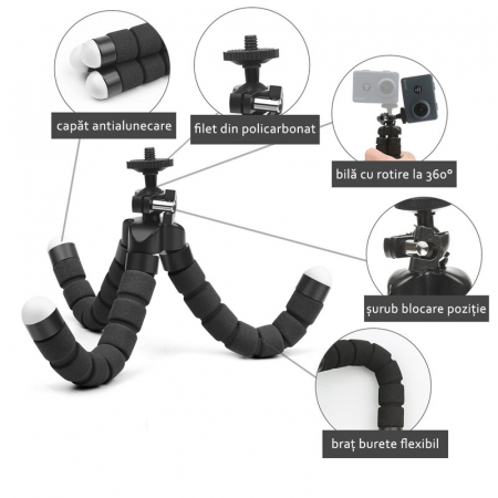 Mini trepied flexibil pentru telefoane,gopro, fara suport,filet universal 1/4 - Negru [1]