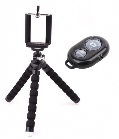 Mini trepiezi - Mini trepied flexibil cu suport pentru telefon - Negru + telecomanda bluetooth pentru control telefon la distanta IOS sau ANDROID