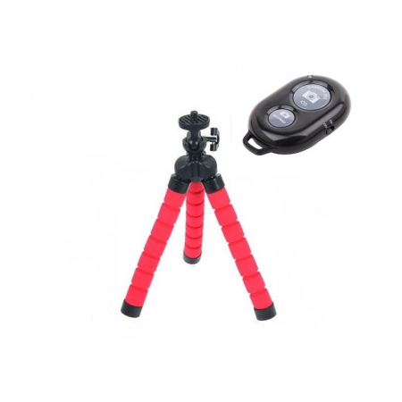 Mini trepied flexibil,filet universal 1/4,suport telefon + telecomanda bluetooth pentru telefon - Rosu [1]