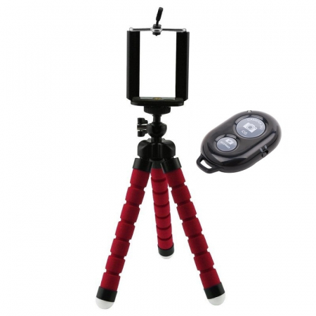 Mini trepiezi - Mini trepied flexibil,filet universal 1/4,suport telefon + telecomanda bluetooth pentru telefon - Rosu