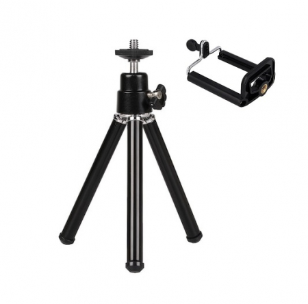 Mini trepiezi - Mini trepied pentru camere video sport, inaltime ajustabila, 15-23cm, cu suport de telefon cu filet 1/4 - Negru