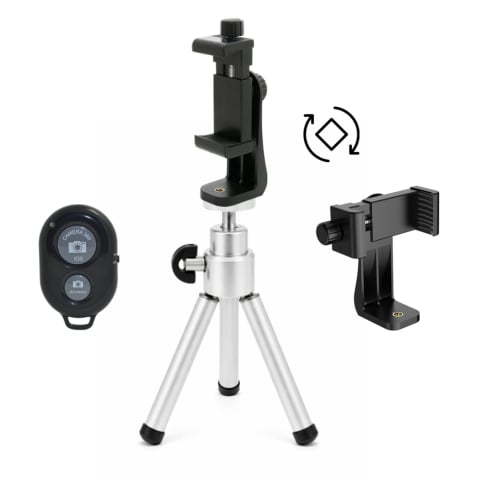 ECHIPAMENTE FOTO - Mini trepied pentru telefon din aluminiu, extensibil 13.5–19.5 cm, cap tip bila rotativ, montura filet 1/4, suport compact pentru fotografie si filmare smartphone