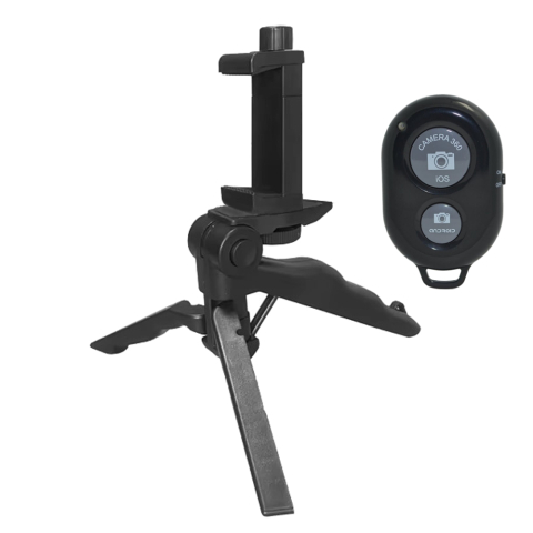 ECHIPAMENTE FOTO - Mini trepied stativ pentru telefon cu suport smartphone reglabil si telecomanda Bluetooth, prindere prin surub 10 cm, montura 1/4 inch, ABS negru, pentru vlogging si streaming