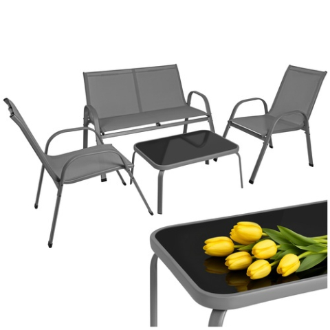 Mobilier de gradina, set 2 scaune, canapea 2 locuri, masa, cadru metalic, blat sticla, rezistent exterior, gri [9]