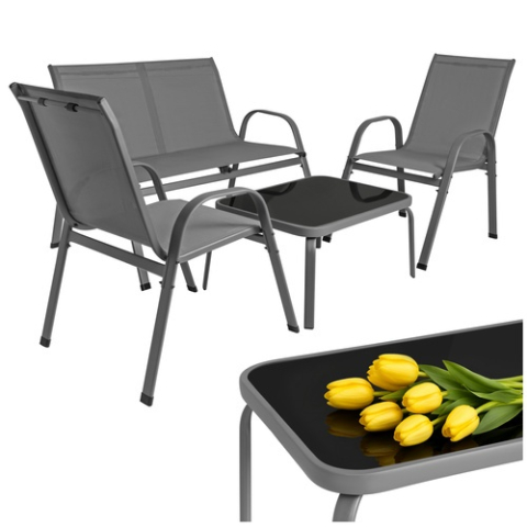 Mobilier de gradina, set 2 scaune, canapea 2 locuri, masa, cadru metalic, blat sticla, rezistent exterior, gri [11]