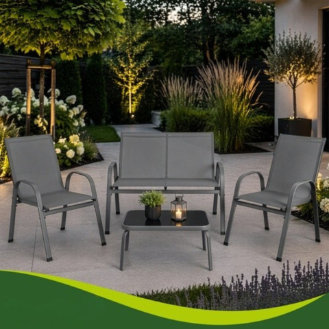 Mobilier de gradina, set 2 scaune, canapea 2 locuri, masa, cadru metalic, blat sticla, rezistent exterior, gri [7]