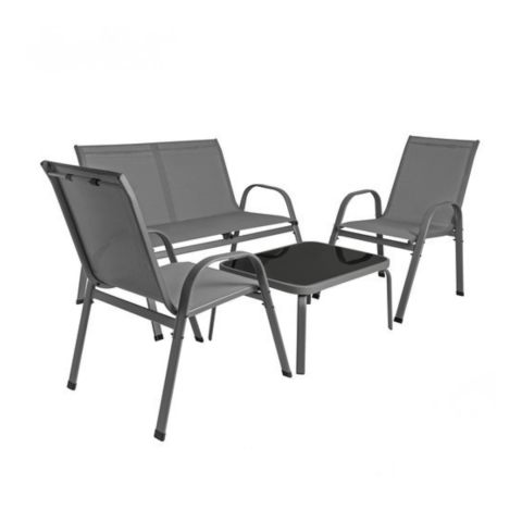 CASA & GRADINA - Mobilier de gradina, set 2 scaune, canapea 2 locuri, masa, cadru metalic, blat sticla, rezistent exterior, gri
