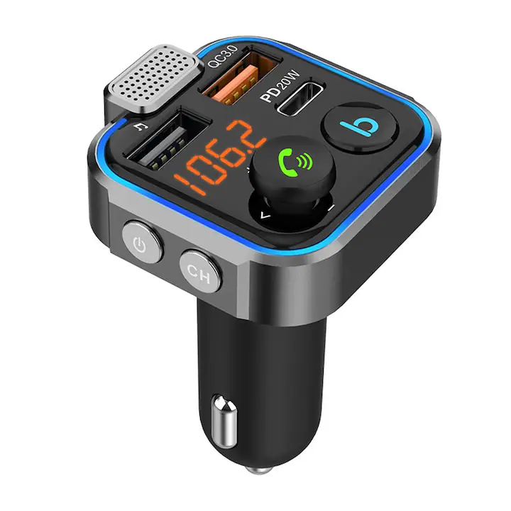 ARTICOLE AUTO - Modulator FM auto negru Bluetooth P5, transmitator wireless cu hands-free, USB QC3.0, USB-C PD 20W, afisaj digital, microfon si iluminare ambientala