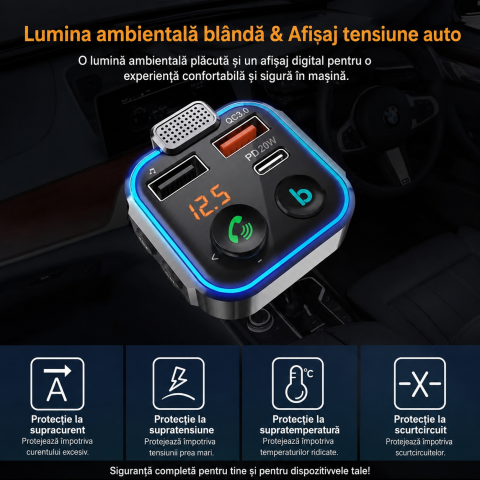 Modulator FM auto negru Bluetooth P5, transmitator wireless cu hands-free, USB QC3.0, USB-C PD 20W, afisaj digital, microfon si iluminare ambientala [5]
