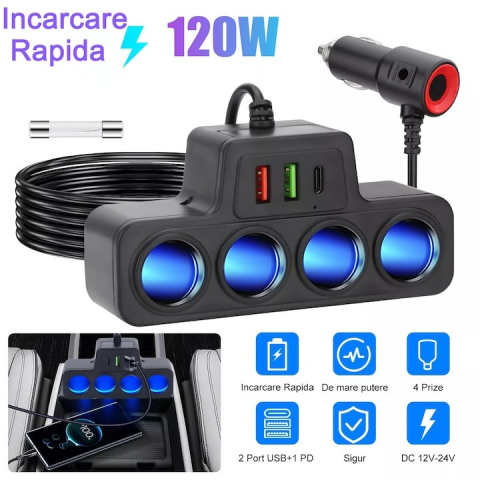 Multiplicator bricheta auto, 4 iesiri, 120 W, 2 x USB, 1 x tip C, 12V -24V, ABS, negru [1]