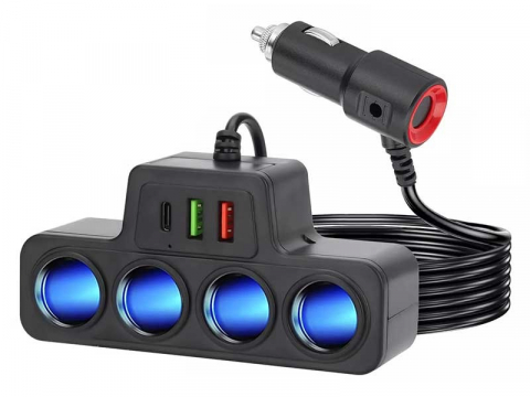 Gadgeturi auto - Multiplicator bricheta auto, 4 iesiri, 120 W, 2 x USB, 1 x tip C, 12V -24V, ABS, negru
