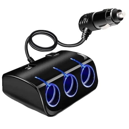 ARTICOLE AUTO - Multiplicator 60W bricheta auto 12V-24V, 3 iesiri si 2 USB - Negru