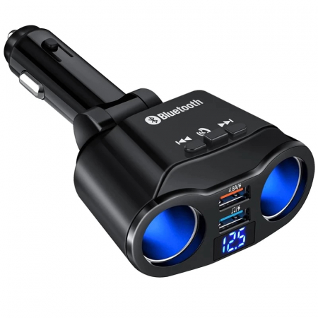 Accesorii auto telefoane - Multiplicator bricheta auto, modulator FM, Bluetooth, Handsfree, 2 x USB, 4.8A - Negru