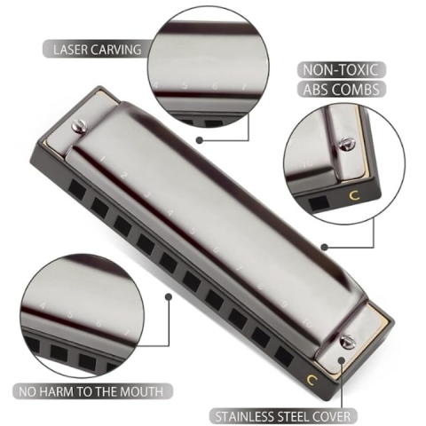 Muzicuta neagra argintie 10 x 2.8 x 2 cm, diatonica cu 10 gauri, acordaj Do, cu cutie de protectie, instrument muzical pentru copii si adulti [6]