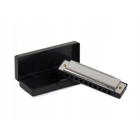 JOCURI ȘI JUCĂRII - Muzicuta neagra argintie 10 x 2.8 x 2 cm, diatonica cu 10 gauri, acordaj Do, cu cutie de protectie, instrument muzical pentru copii si adulti