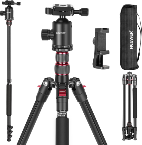 ECHIPAMENTE FOTO - NEEWER 195cm, Camera Tripod Monopod pentru DSLR si Telefon, cap sferic 360°, 2 axe de centrare, Arca Detasare usoara, Husa, Compact, Aluminiu, Greutate maxima 15KG