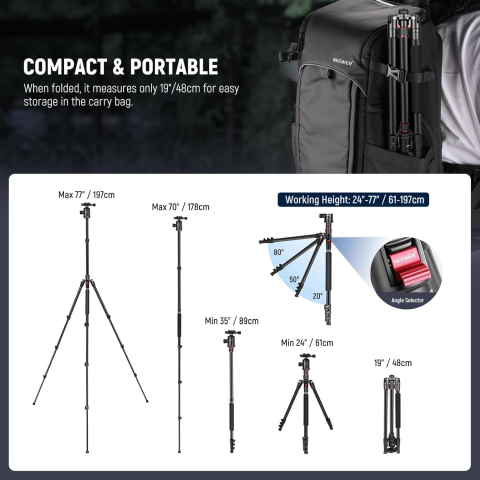 NEEWER 195cm, Camera Tripod Monopod pentru DSLR si Telefon, cap sferic 360°, 2 axe de centrare, Arca Detasare usoara, Husa, Compact, Aluminiu, Greutate maxima 15KG [6]