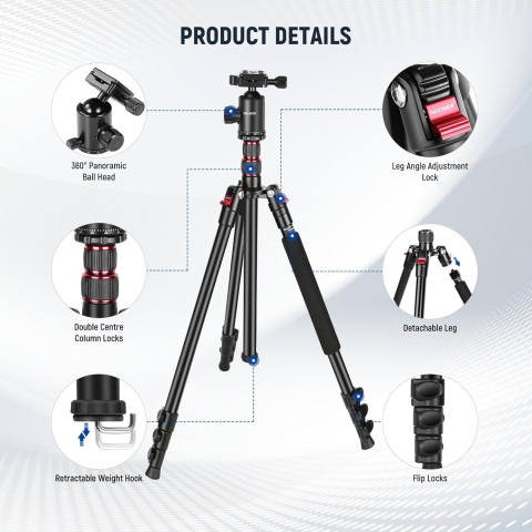 NEEWER 195cm, Camera Tripod Monopod pentru DSLR si Telefon, cap sferic 360°, 2 axe de centrare, Arca Detasare usoara, Husa, Compact, Aluminiu, Greutate maxima 15KG [1]
