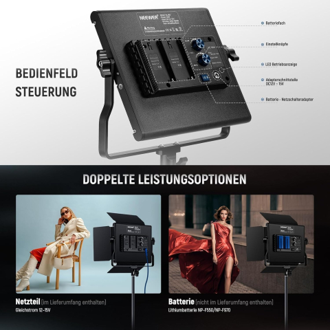 Neewer 660, Panou de lumina LED, set de studio cu 2 trepiede, doua culori CRI9+, Geanta de transport si Acumulator DC, Pentru filmari si fotografie [6]