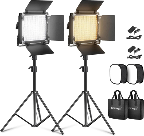 Neewer 660, Panou de lumina LED, set de studio cu 2 trepiede / softbox pliabil, doua culori CRI9+, Geanta de transport, Pentru filmari si fotografie