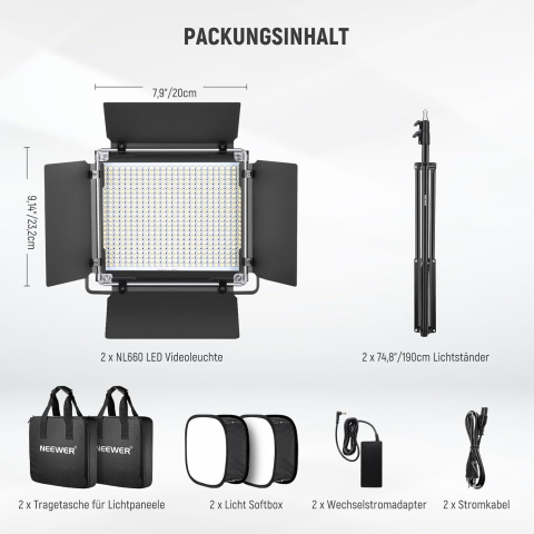 Neewer 660, Panou de lumina LED, set de studio cu 2 trepiede / softbox pliabil, doua culori CRI9+, Geanta de transport, Pentru filmari si fotografie [7]