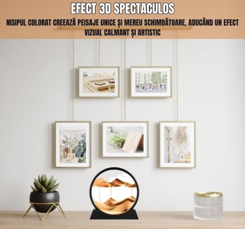 Obiect decorativ cu efect 3D din nisip, rotativ 360°, sticla si baza stabila, 18 x 19 cm, ideal pentru birou, living si spatii de relaxare, auriu [4]