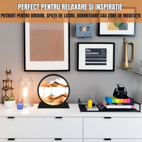 Obiect decorativ cu efect 3D din nisip, rotativ 360°, sticla si baza stabila, 18 x 19 cm, ideal pentru birou, living si spatii de relaxare, auriu [2]