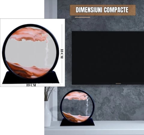 Obiect decorativ cu efect 3D din nisip, rotativ 360°, sticla si baza stabila, 18 x 19 cm, nisip rosu, pentru birou, living si decor modern [1]
