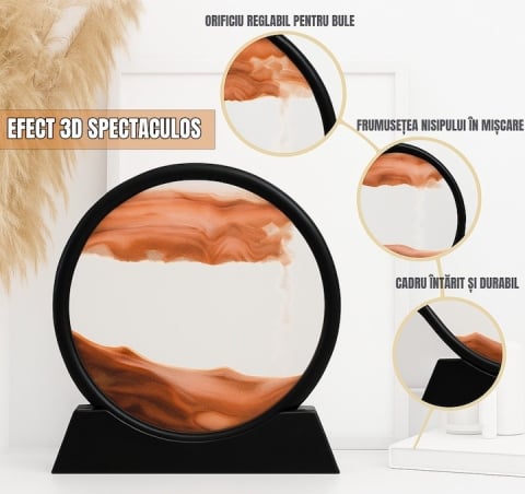 Obiect decorativ cu efect 3D din nisip, rotativ 360°, sticla si baza stabila, 18 x 19 cm, nisip rosu, pentru birou, living si decor modern [3]