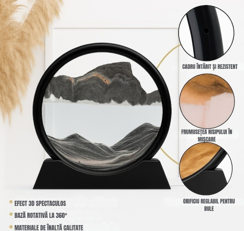 Obiect decorativ cu efect 3D din nisip, rotativ 360°, sticla si baza stabila, 18 x 19 cm, pentru birou, living si decor modern, negru [4]