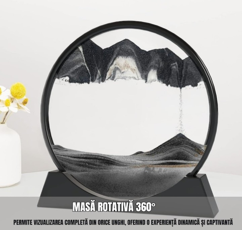 Obiect decorativ cu efect 3D din nisip, rotativ 360°, sticla si baza stabila, 18 x 19 cm, pentru birou, living si decor modern, negru [5]
