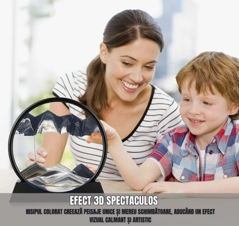 Obiect decorativ cu efect 3D din nisip, rotativ 360°, sticla si baza stabila, 18 x 19 cm, pentru birou, living si decor modern, negru [1]